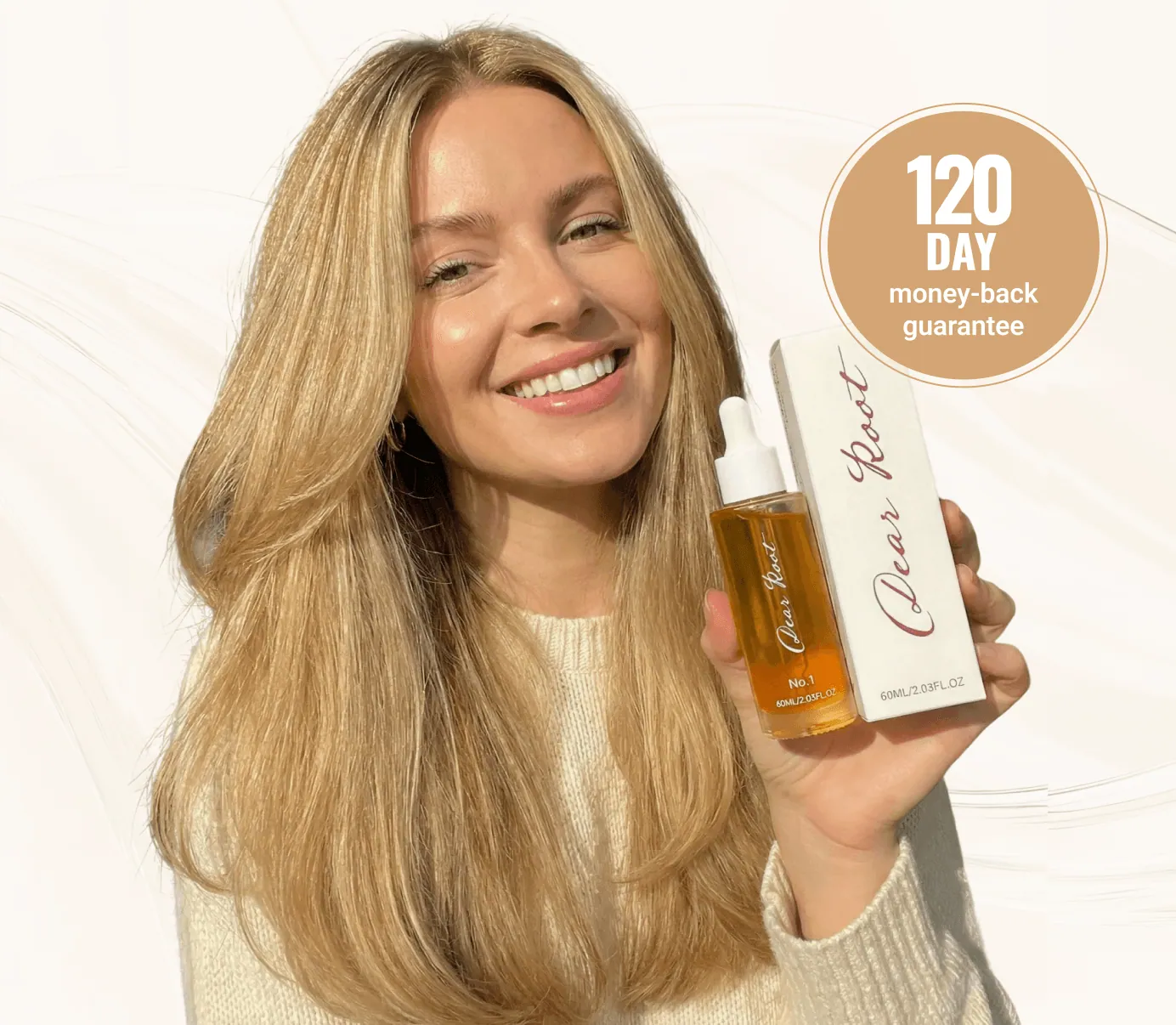 Woman holding DearRoot hair serum with 120-day guarantee badge