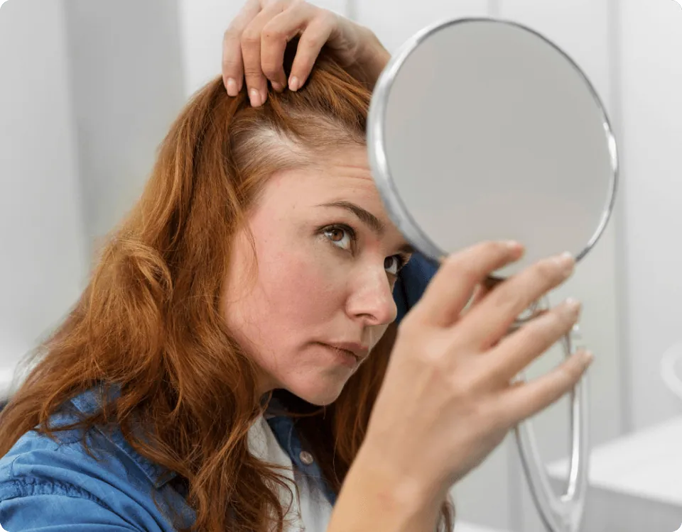 Woman with hand mirror examining her scalp